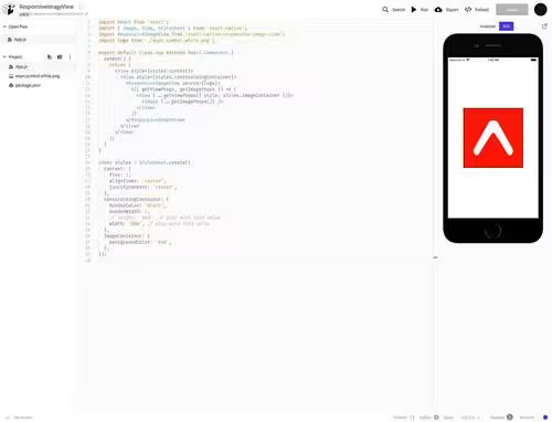 A screenshot of the Snack playground for the react-native-responsive-image-view library